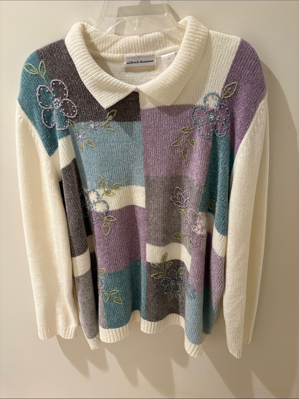 Alfred Dunner Cream Sweater with Purple, Teal & Gray Patchwork Floral Embroidery